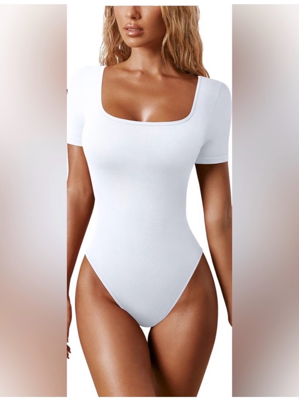 OQQ White Short Sleeve Square Neck Shaping Bodysuit Size M